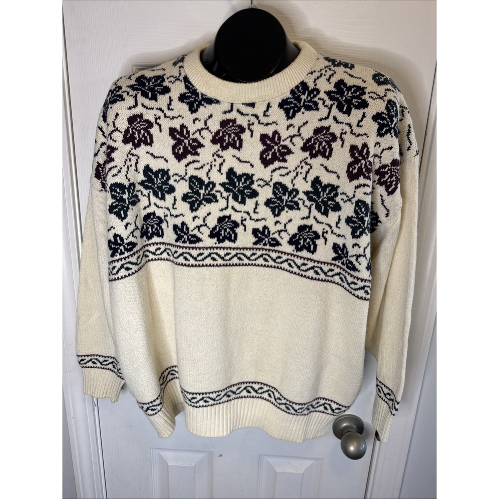 Vtg Woman's L Northern Reflection Cream Sweater With Leaves By Parkhurst